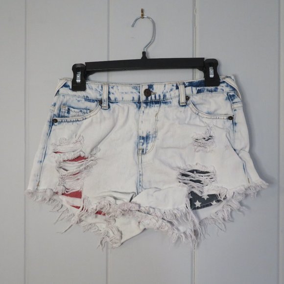 Mossimo - Bleached Jean Shorts  American Flag Pockets Size 4/27 - Picture 1 of 4